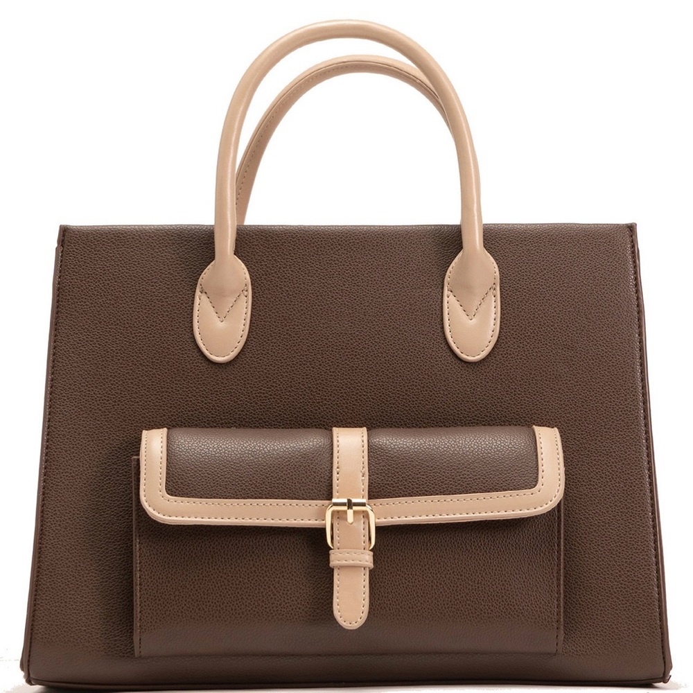 Veda Two-Tone Buckle Medium Satchel Bag
